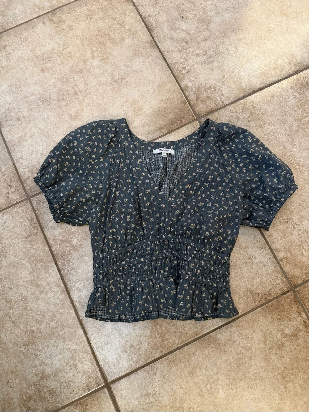 Madewell Navy Floral Smocked Peplum Blouse